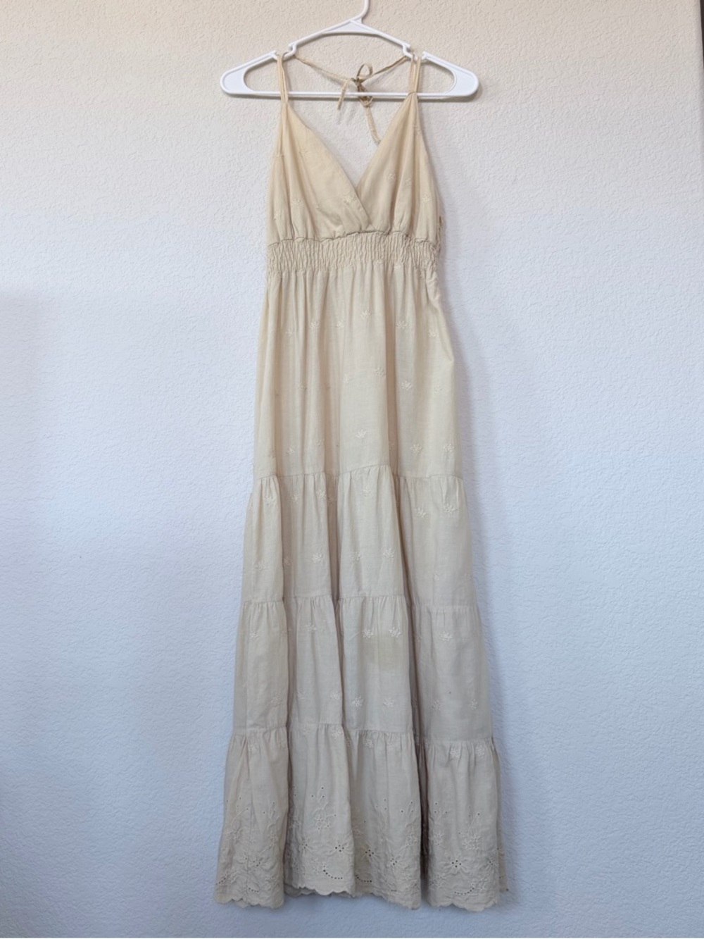 Cococabaña Women’s Tan Eyelet Tiered Maxi Sundress with Smocked Waist Size M